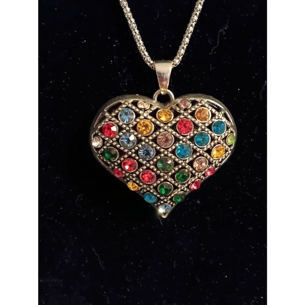 Multicolor Gemstone Heart Pendant Necklace - Silver Tone - Picture 4 of 4